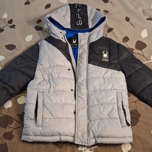 Spyder Gray and Black Hooded Puffer Jacket with Blue Lining, Size 8